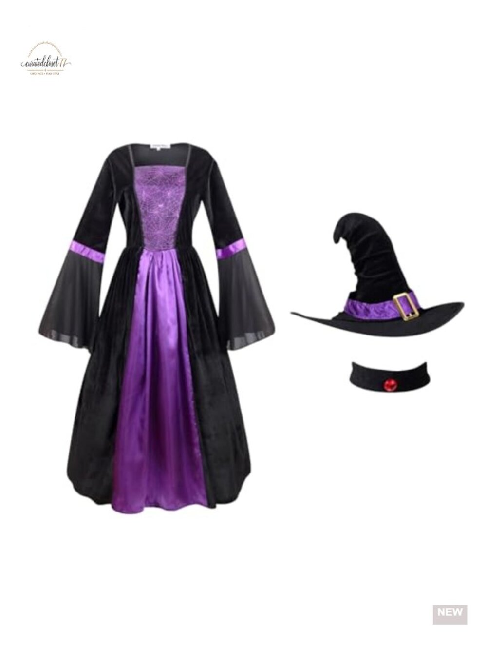 Women Wicked Witch Costume Dress with Hat for Halloween